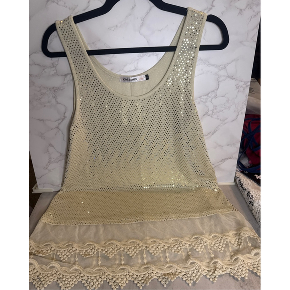 Women's ORIGAMI Gold Sequin & Beige Lace Trim Tank Top Size M - Picture 1 of 2